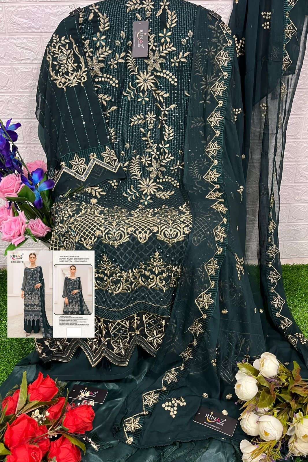 RINAZ 1387 COLOURS BY RINAZ FASHION 1387-A TO 1387-D SERIES BEAUTIFUL STYLISH PAKISTANI SUITS FANCY COLORFUL CASUAL WEAR & ETHNIC WEAR & READY TO WEAR FAUX GEORGETTE EMBROIDERY DRESSES AT WHOLESALE PRICE